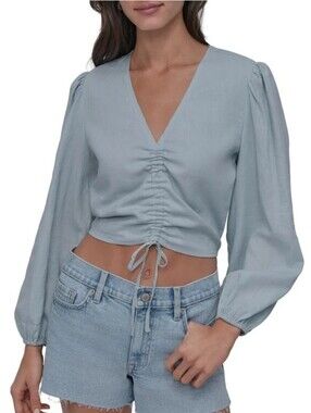 DKNY Jeans Wind Blue Ruched Front Crop Top XL Boho Gorpcore Linen Blend